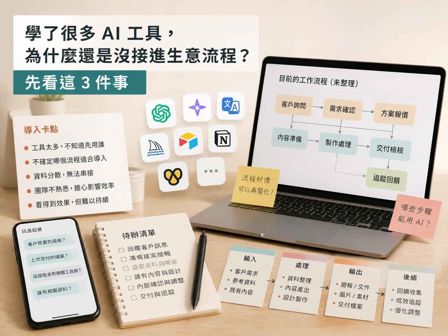 學了很多 AI 工具，為什麼還是沒接進生意流程？先看這 3 件事｜第一個問題段落後