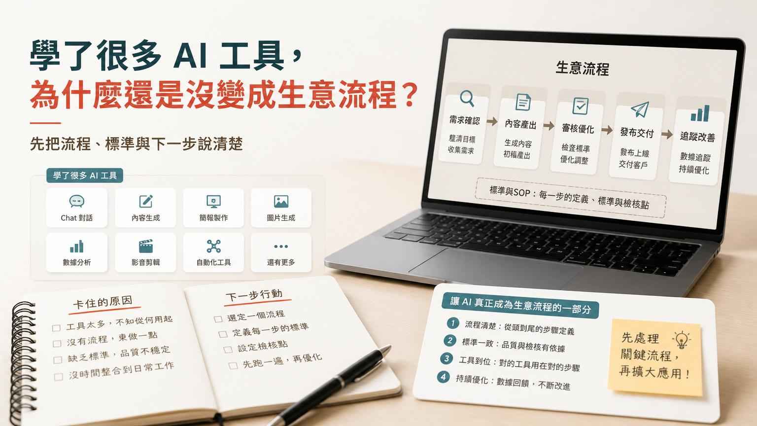 學了很多 AI 工具，為什麼還是沒變成生意流程？｜文章封面