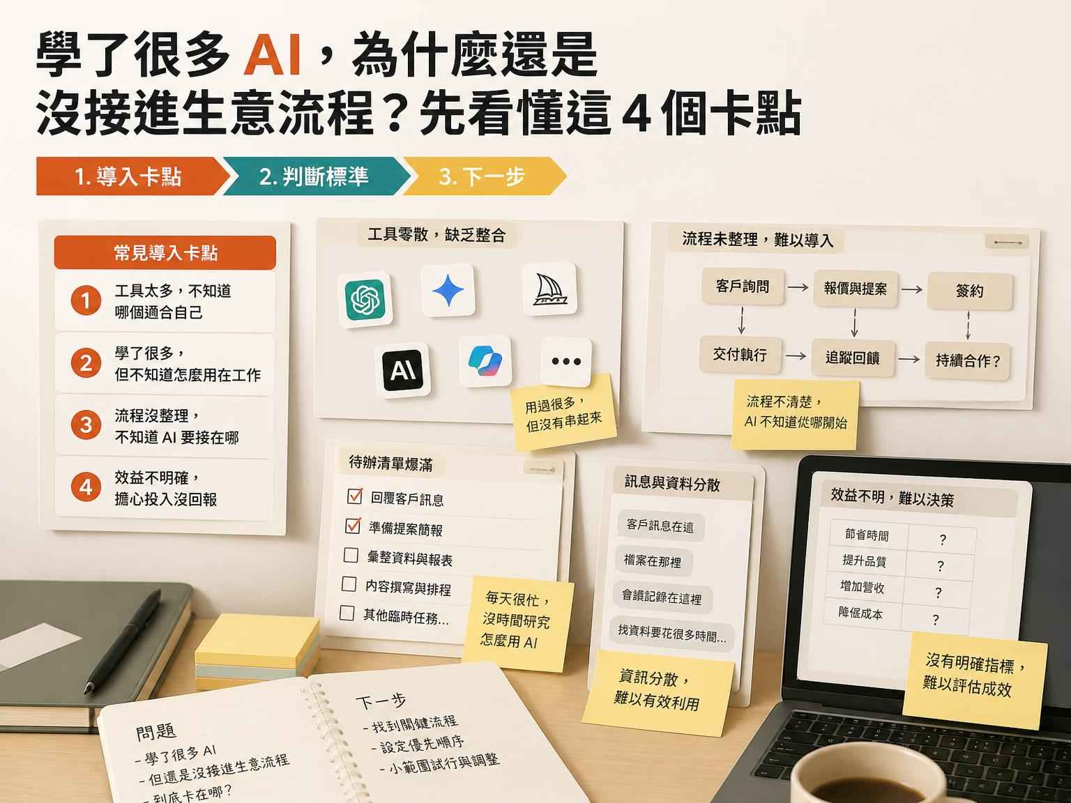 學了很多 AI，為什麼還是沒接進生意流程？先看懂這 4 個卡點｜第一個問題段落後