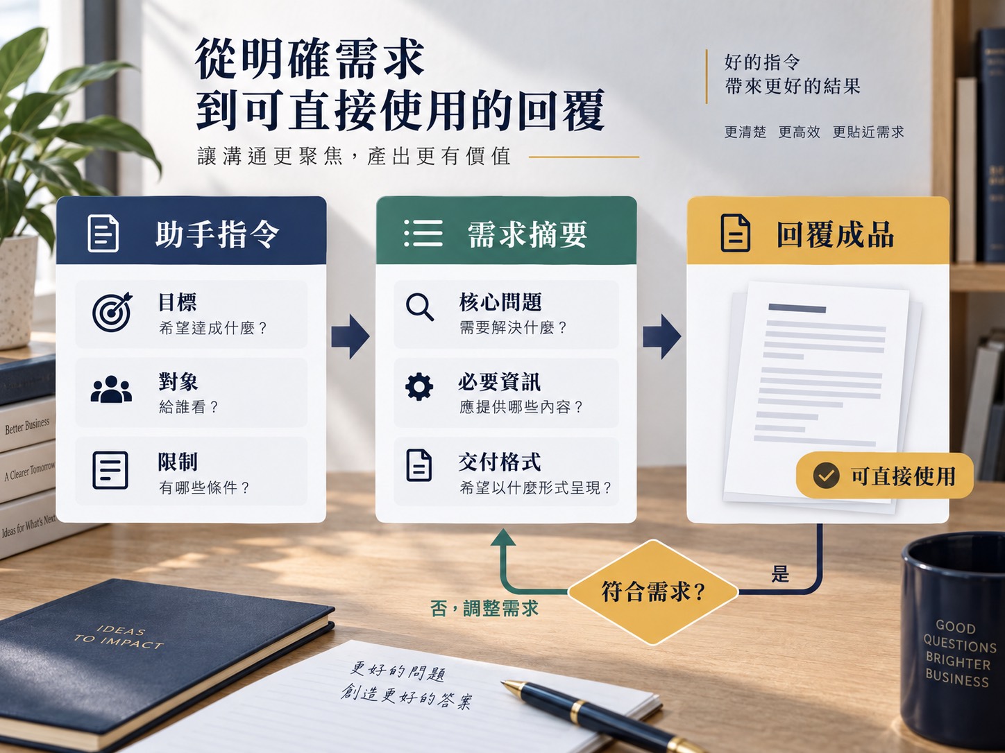 已填寫的詢問助手指令、需求摘要與回覆成品｜呈現方法、流程與判斷標準