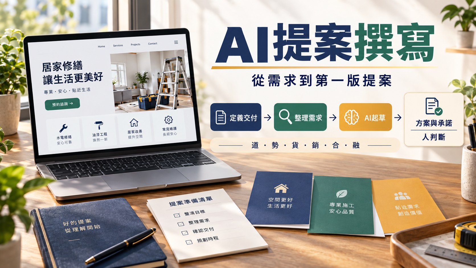 從客戶需求到第一版提案：AI 可以接在哪裡？用修繕公司網站示範｜主題示意圖