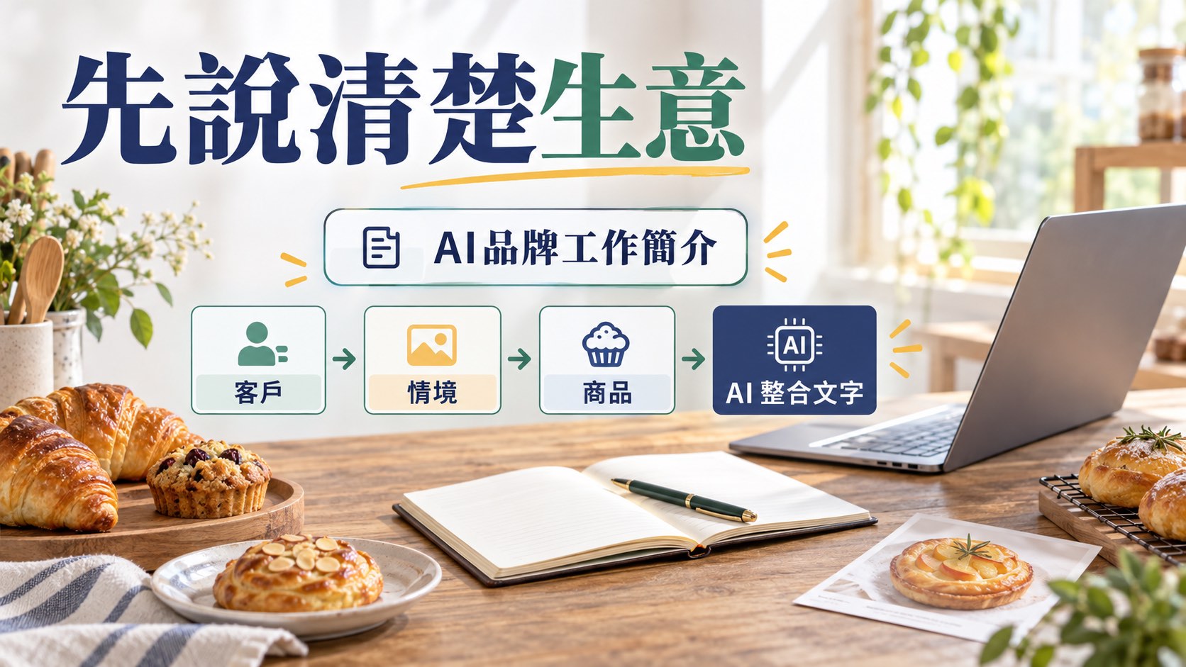 讓 AI 先認識你的生意：一頁品牌工作簡介，附烘焙店填寫示範｜主題示意圖